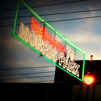 This is an image of a Welcome to Morris Park Christmas Lights Sign